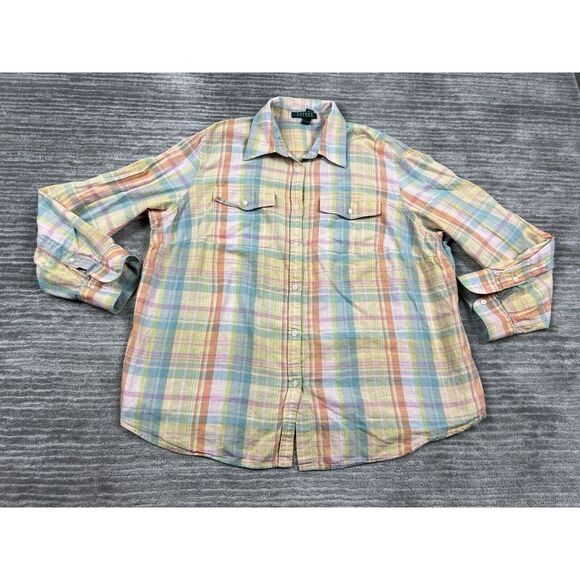 Lauren Ralph‎ Lauren Top 2X Pastel Plaid Linen Cotton Convertible Sleeve Pocket - Picture 1 of 11